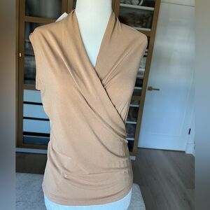 Banana Republic Sleeveless Faux Wrap Top in Camel Brown